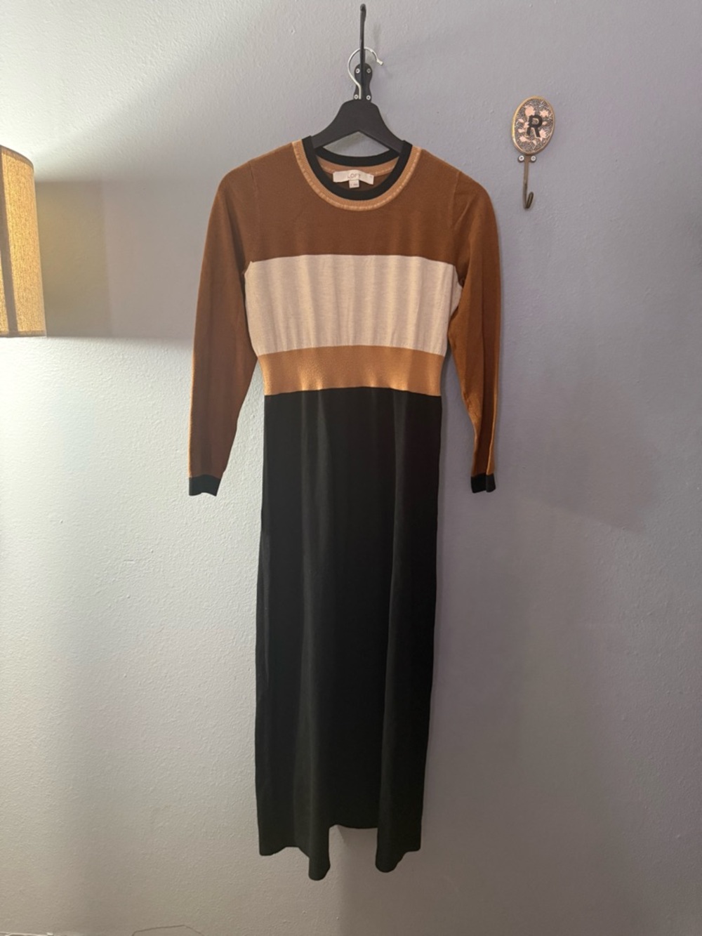 LOFT Colorblock Long Sleeve Midi Dress in Brown, Cream & Black